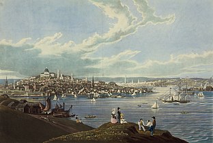 1841年、ドーチェスター・ハイツからのボストンの眺め。丘の上に州議事堂が見える。
