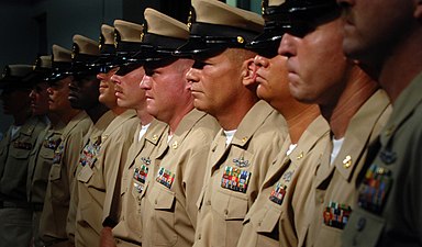 Chief petty officers of the U.S. Navy in their khaki service uniforms