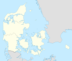 Mapa konturowa Danii, u góry po lewej znajduje się punkt z opisem „Hjørring”