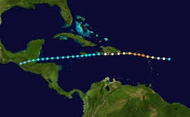A map of the Caribbean Sea showing the path of the hurricane from beginning east of the Leeward Islands and terminating over Central America