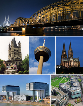 From top to bottom, left to right: Hohenzollern Bridge by night, Great St. Martin Church, Colonius TV-tower, Cologne Cathedral, Kranhaus buildings in Rheinauhafen, MediaPark