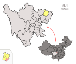 Location of Pingchang County (red) within Bazhou City (yellow) and Sichuan