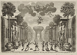 Set design for Pierre Corneille's 1650 Andromède, noted for its stage effects: Act 2, where Aeolus and eight winds lift Andromeda into the clouds, with thunder and lightning[40]