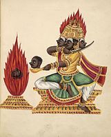 "The rakshasa king Ravana sits in lalitasana on a throne facing a fire altar in which he offers his severed head", British Museum, Company style, Tiruchirapalli, Tamil Nadu, c. 1830