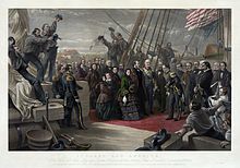 a colored engraving of Queen Victoria on the Resolute surrounded by sailors.