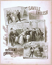 Poster showing scenes from all three operas featuring principal characters; the productions, by an American opera company around 1879, seem lavish. Black and white.