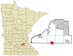 Location of the city of New Prague within Scott and Le Sueur Counties in the state of Minnesota
