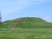 Monks Mound of Cahokia (UNESCO World Heritage Site) in summer. The concrete staircase follows the approximate course of the ancient wooden stairs.
