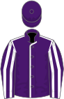 Purple, white seams, striped sleeves, purple cap