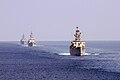 INS Godavari with INS Brahmaputra and INS Beas trailing during exercises with the US Navy.