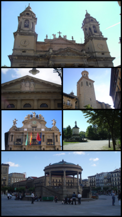 Atas: Biara Royal Saint Mary; kedua kiri: Istana Navarra; kedua kanan: Gereja San Saturnino; ketiga kiri: Dewan bandaran Pamplona; ketiga kanan: Monumen Julian Gayarre di Taman Taconera; Bawah: Castle Square