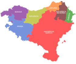 The seven historical provinces usually included in the definition of the greater region of the Basque Country.