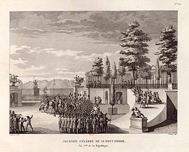 果月18日政变。政变的领导者皮埃尔·奥热罗将军突袭杜伊勒里宫，并逮捕让-夏尔·皮舍格呂和其他被指控密谋反革命的人。(1797年9月4日)