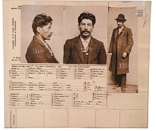Set of three photographs and a filled form, all profiling a man with a thick mustache and dark hair, dressed in a hat, black overcoat, white shirt, black pants and black shoes.