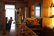Coffee beans and an espresso machine at a coffee shop located next to the Pyongyang Hotel in Pyongyang, North Korea