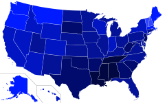 Percentage of state populations that identify with a religion rather than "no religion", 2014