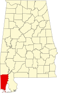 Kort over Alabama med Mobile County markeret