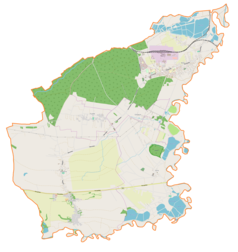 Mapa konturowa gminy Miedźna, na dole nieco na lewo znajduje się punkt z opisem „Grzawa”