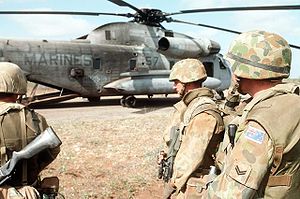Australian soldiers prepare to board a United States Marine Corps helicopter in Somalia