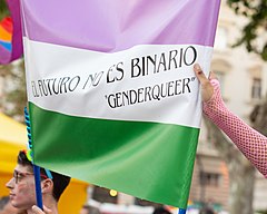 A genderqueer pride flag held aloft with the words "El Futuro No Es Binario – Genderqueer" written across it