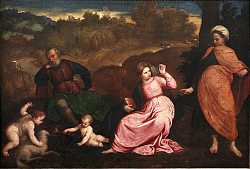 Paris Bordone: The Rest on the Flight into Egypt, c. 1530. Elizabeth, at right, is shown as a Romani fortune-teller