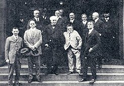 William Coolidge, Willis Rodney Whitney, Thomas Edison, Charles Proteus Steinmitz, Irving Langmuir at the G.E. Laboratory. (front row, left-to-right) 1923.