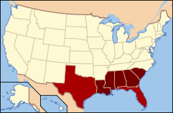 States highlighted are geographically the southernmost states in the contiguous United States. The states in dark red comprise what is commonly referred to as the Deep South subregion, while the Deep South overlaps into portions of those in lighter red.