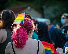 Image of a person wearing a gay pride flag in their hair on Chambers Overpass, 7th Avenue, and the Whit in Eugene, Oregon.