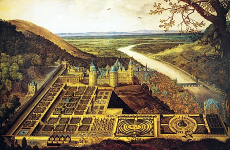 L'Hortus Palatinus d'Heidelberg, surplombant le Neckar et la vallée du Rhin (commencé en 1614)