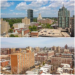 Top: The Central West End's most prominent buildings as seen from Barnes-Jewish Hospital. Bottom: The Central West End seen from the Parc Frontenac apartment building.