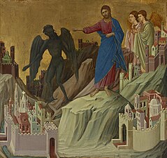 The Italian painter Duccio di Buoninsegna showed Christ expelling the Devil, shown covered with bristly black hair (1308–11).