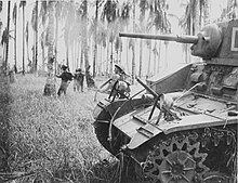 An armoured vehicle and infantrymen advance through thick grass and palm trees