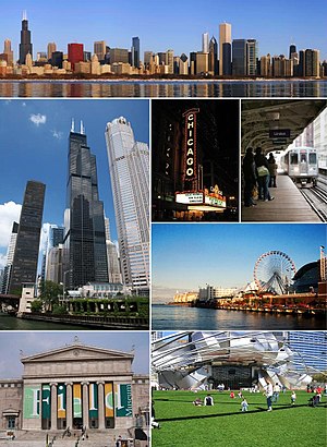 Clockwise from top: Downtown Chicago, the Chicago Theatre, the 'L', Navy Pier, the Pritzker Pavilion, the Field Museum, and Willis Tower