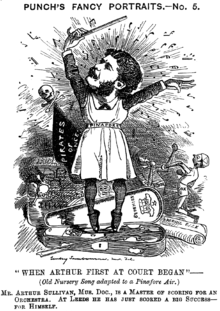 Mocking newspaper cartoon showing Sullivan wearing a "pinafore" apron, standing en pointe in a violin case while conducting, surrounded by corrupted paraphernalia relating to his early comic operas, over the sardonic song title "When Arthur First at Court Began"