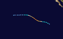 A track map of a hurricane over the Eastern Pacific Ocean; it is somewhat sinusoidal, starting westward before curving to the northwest, and then back to the west