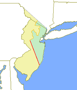 The original provinces of West and East Jersey are shown in yellow and green, respectively. The Keith Line is shown in red, and the Coxe–Barclay Line is shown in orange.