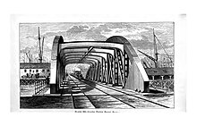 Engraving of the bridge, which has double train tracks on it
