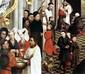 Rogier van der Weyden's Seven Sacraments Altarpiece: Baptism, Confirmation, and Penance, 1445–50. The man on the extreme left gives a clear view of his dagged patte. The father of the baby above him is wearing his in church. The three boys being confirmed also have chaperons. The old man confessing has a cut hood chaperon as well as a hat on the floor.