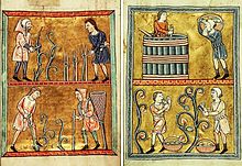 Photographie montrant une illustration médiévale du travail de la vigne : en haut à gauche, la taille et l'attachage de la vigne et en bas le travail du sol. En haut à droite, le pressurage du raisin et en bas, les vendanges.