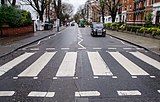 Abbey Road crosswalk in London, where the band "The Beatles" took a famous photo while they crossed it