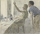 Một nhà vi sinh vật học người Anh thời Thế chiến I đang kiểm tra một ống nghiệm chứa vi khuẩn trong phòng thí nghiệm. Tranh (1917) sơn bởi James McBey