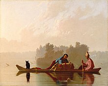 Painting of two figures and a cat on a boat in a placid body of water