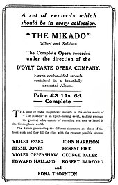 Poster advertising, in plain type, a recording of The Mikado