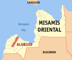 Mapa ng Misamis Oriental na nagpapakita sa lokasyon ng Alubijid.