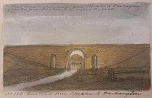 Watercolour painting of a simple stone arch bridge with two small side arches, crossing a river between grassy banks
