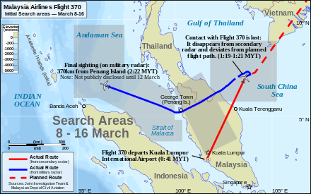 Map of southeast Asia with flight path and planned flight path of Flight 370 in the foreground. The search areas are depicted in a transparent grey colour. Search areas include the South China Sea and Gulf of Thailand near the location where Flight 370 disappeared from secondary radar, a rectangular area over the Malay Peninsula, and a region that covers roughly half of the Strait of Malacca and Andaman Sea.