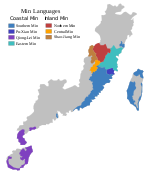 A map showing the geographical distribution of the primary varieties of Min Chinese.