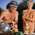 Image 27A publicity photo showing a mature naturist couple making tea. North America (from Naturism)