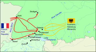 Map showing winter quarters of French and Habsburg armies, and their convergence on the town of Ostrach in March 1799