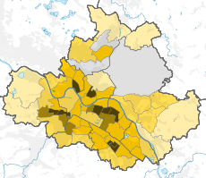 Barevná grafika znázorňující hustotu zalidnění Drážďan v jednotlivých městských částech